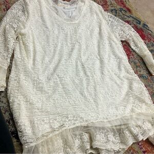 Indigo Soul Top xl Tunic Taupe Lace Knit Net Layered Overlay Long Sheer Sleeve